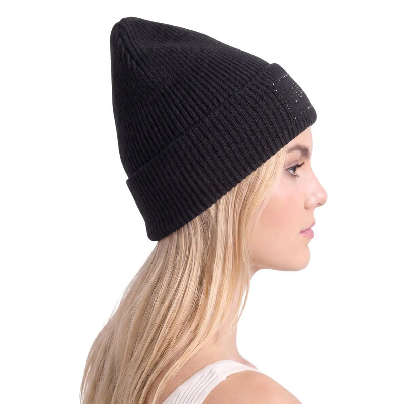 Schwarze, gerippte Strickmütze mit umgeschlagenem Bündchen und dezentem Logo-Detail im beigefarbenen Polyester-Design von Liu Jo für Damen.