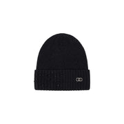 Schwarze, gerippte Strickmütze mit umgeschlagenem Bündchen, Pailletten und silbernem Logo-Emblem, im Stil von Liu Jo Damen-Kappe aus beigefarbenem Polyester