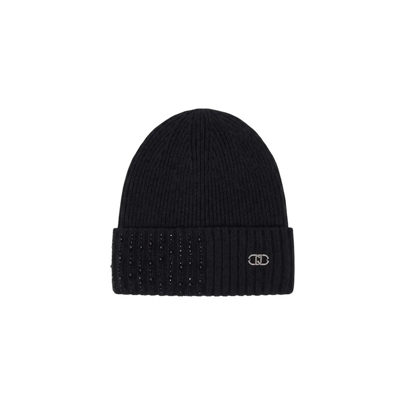 Schwarze, gerippte Strickmütze mit umgeschlagenem Bündchen, Pailletten und silbernem Logo-Emblem, im Stil von Liu Jo Damen-Kappe aus beigefarbenem Polyester