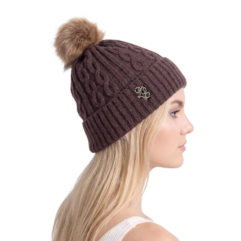 Liu Jo Beige Damen-Polyestermütze mit braunem Zopfmuster, hellbraunem Bommel und silbernem Logo-Detail