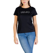 Liu Jo Damen schwarzer Baumwoll-Rundhalsausschnitt t-shirt mit funkelndem silbernen Logo