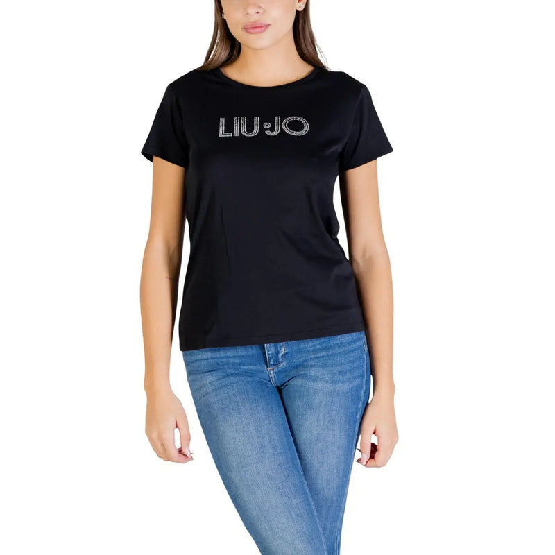 Liu Jo Damen schwarzer Baumwoll-Rundhalsausschnitt t-shirt mit funkelndem silbernen Logo