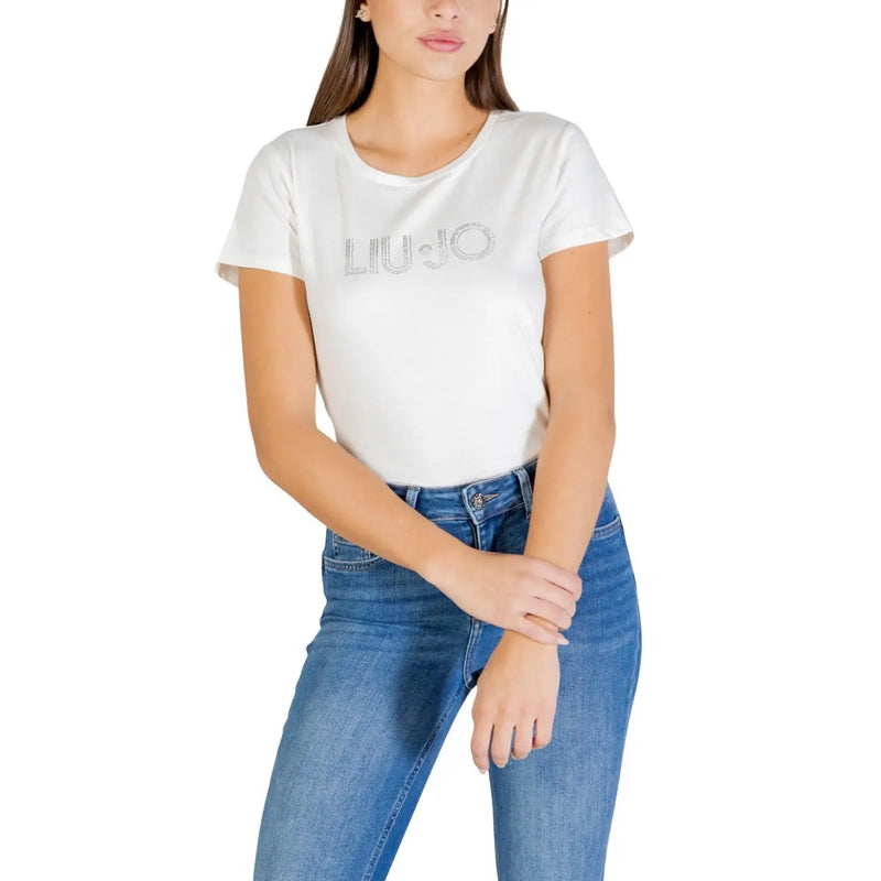 Liu Jo Damen schwarzer Baumwoll-Rundhalsausschnitt t-shirt mit weißer silberner Glitzerschrift