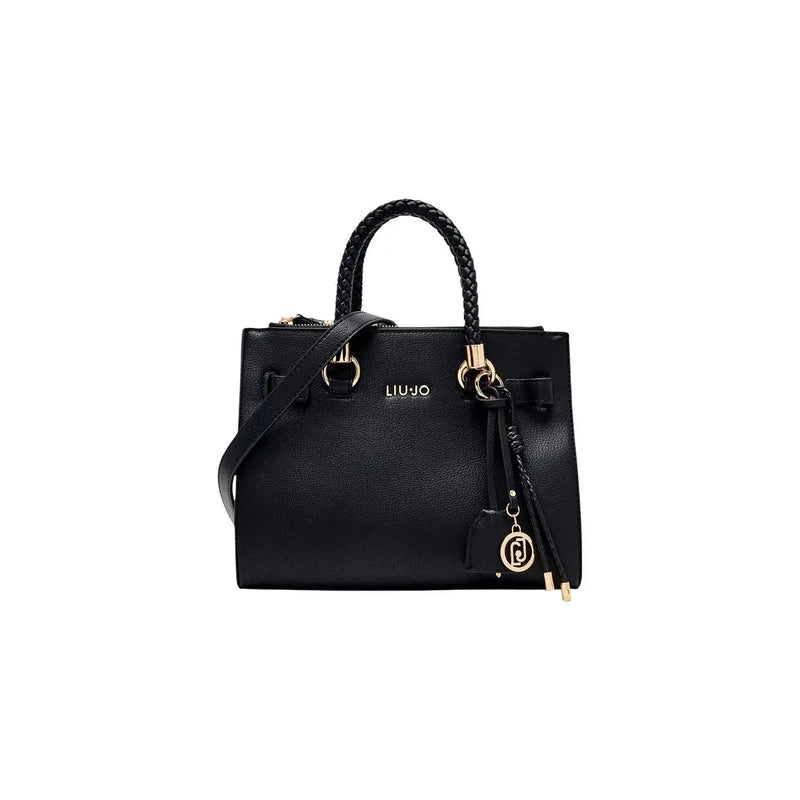 Liu Jo Schwarze Damenhandtasche im Boston-Stil aus Kunstleder mit geflochtenen Ledergriffen und goldfarbenen Beschlägen