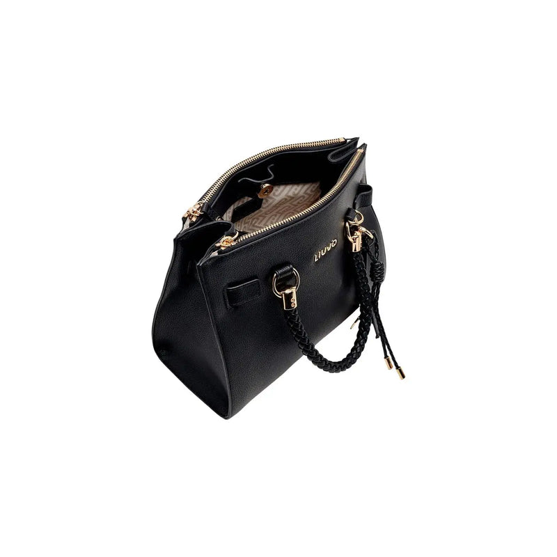 Liu Jo Schwarze Damenhandtasche im Boston-Stil aus Kunstleder mit goldfarbenen Beschlägen und geflochtenem schwarzem Riemen