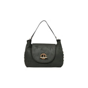 Schwarze Damenhandtasche von Liu Jo mit dunkelgrüner Wildlederschultertasche, goldfarbenem Rundverschluss und silbernen Nieten