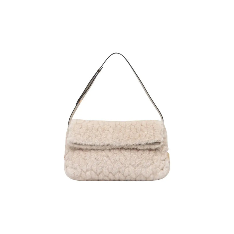 Schwarze Damenhandtasche von Liu Jo aus Polyester, 30 x 20 x 7 cm, mit cremefarbenem Kunstfell und elegantem schwarzem Schulterriemen