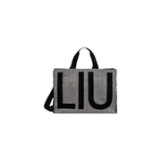 Schwarze Damenhandtasche von Liu Jo aus Polyester mit grauem Fischgrätmuster, auffälligem schwarzem Liu-Schriftzug und schwarzen Henkeln