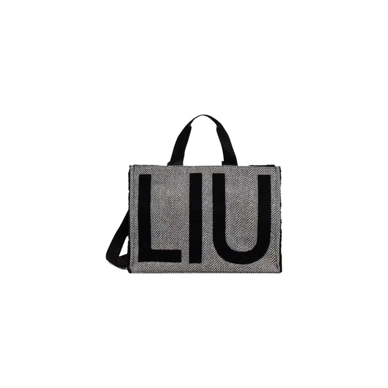 Schwarze Damenhandtasche von Liu Jo aus Polyester mit grauem Fischgrätmuster, auffälligem schwarzem Liu-Schriftzug und schwarzen Henkeln