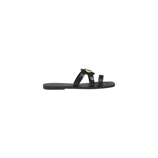 Liu Jo Schwarze Damen-Ledersandalen mit goldfarbener, runder Schnalle, ideal für den Sommer.