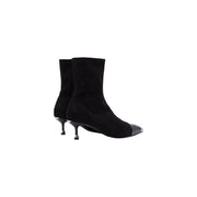 Schwarze Damen-Stiletto-Ankle-Boots von Liu Jo aus Polyester mit schwarzem Wildleder-Obermaterial, glänzender Zehenkappe und metallischem Absatz