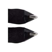 Liu Jo Schwarze Damen-Stiletto-Ankle-Boots aus schwarzem Wildleder und Lackleder mit silberfarbenen Metallspitzen