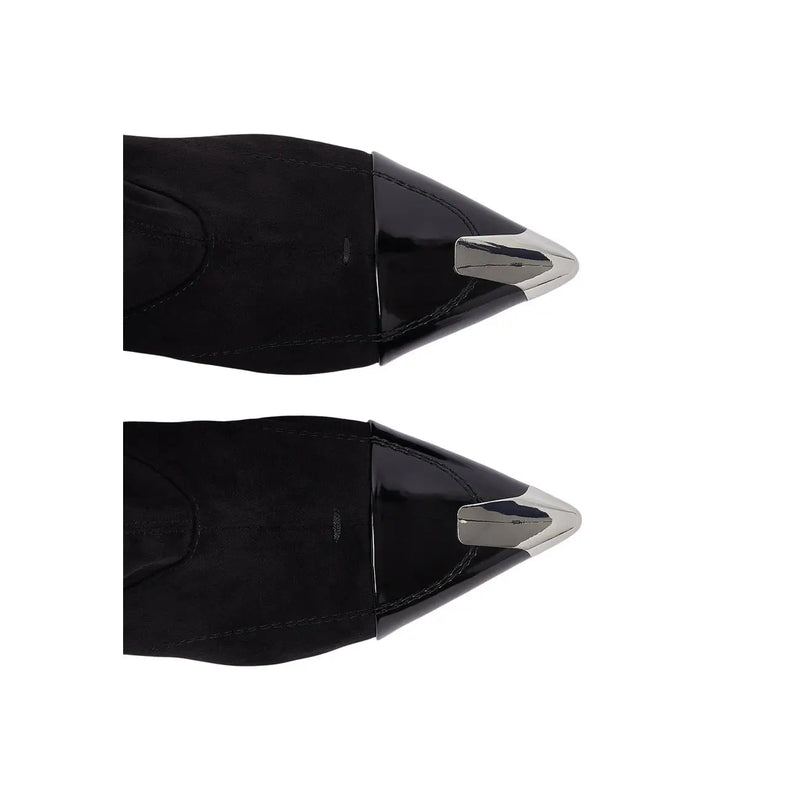 Liu Jo Schwarze Damen-Stiletto-Ankle-Boots aus schwarzem Wildleder und Lackleder mit silberfarbenen Metallspitzen