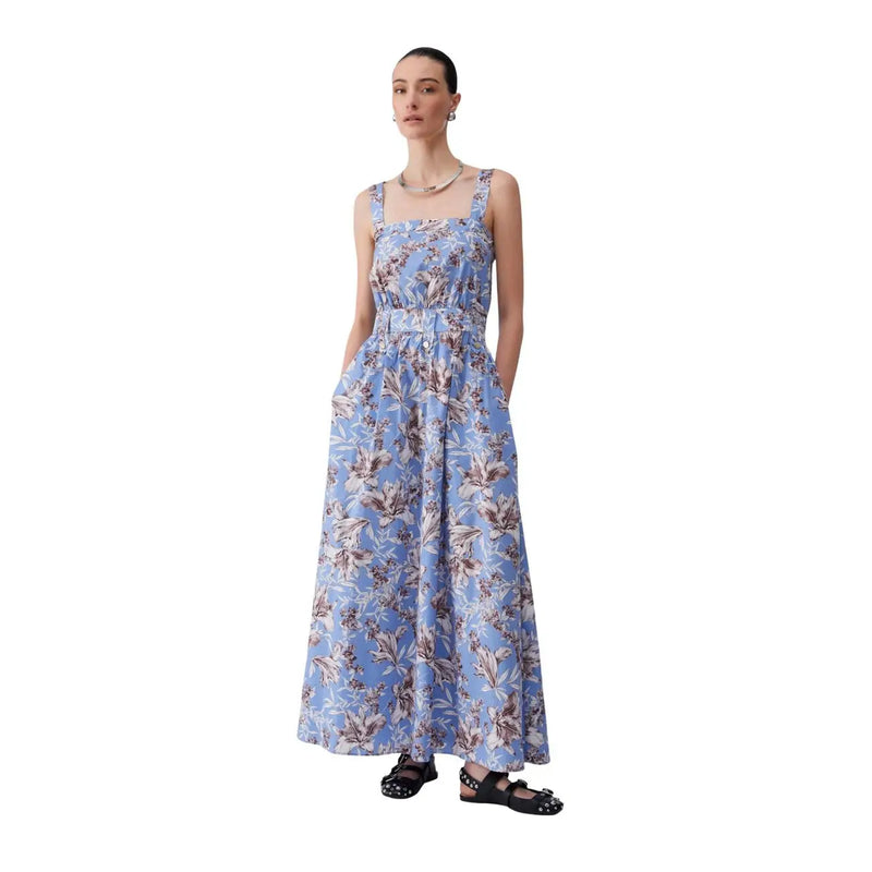 Liu Jo Damen-Maxikleid aus blauer Baumwolle mit Blumenmuster, dünnen Trägern, geraffter Taille und zarten braun-weißen Blattmustern