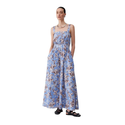 Liu Jo Damen-Maxikleid aus blauer Baumwolle mit Blumenmuster, dünnen Trägern, geraffter Taille und zarten braun-weißen Blattmustern