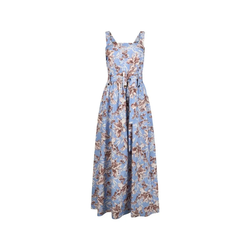Liu Jo Elegantes, blaues Maxikleid aus Baumwolle mit Blumenmuster, dünnen Trägern, eckigem Ausschnitt und Taillengürtel.