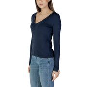Blaue Damen-Strickjacke von Liu Jo aus Viskose mit V-Ausschnitt, langen Ärmeln und dezentem Strukturbesatz an Ausschnitt und Saum.