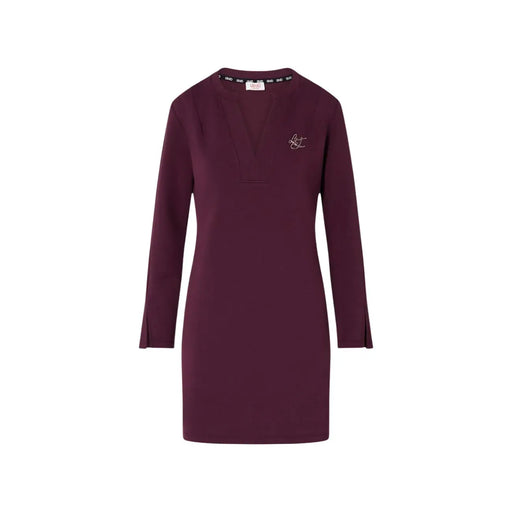 Ein bordeauxrotes, langärmeliges Kleid mit V-Ausschnitt von Liu Jo mit dezentem, gesticktem Logo aus Viskosemischung