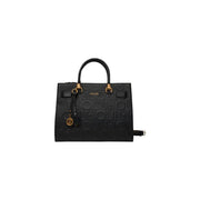 Schwarze Liu Jo Handtasche mit geprägtem Logomuster und goldfarbenen Beschlägen, braune Polyurethan-Einkaufstasche, 32 cm