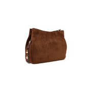 Kleine braune Handtasche von Liu Jo für Damen aus Wildleder mit goldfarbenen Beschlägen und leicht geschwungener Form, 30 cm breit, aus Polyester.