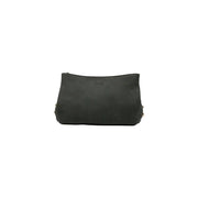 Schwarze Lederclutch mit silberfarbenen Beschlägen und braunem Polyesterfutter, kleine Liu Jo Handtasche, 30 cm breit