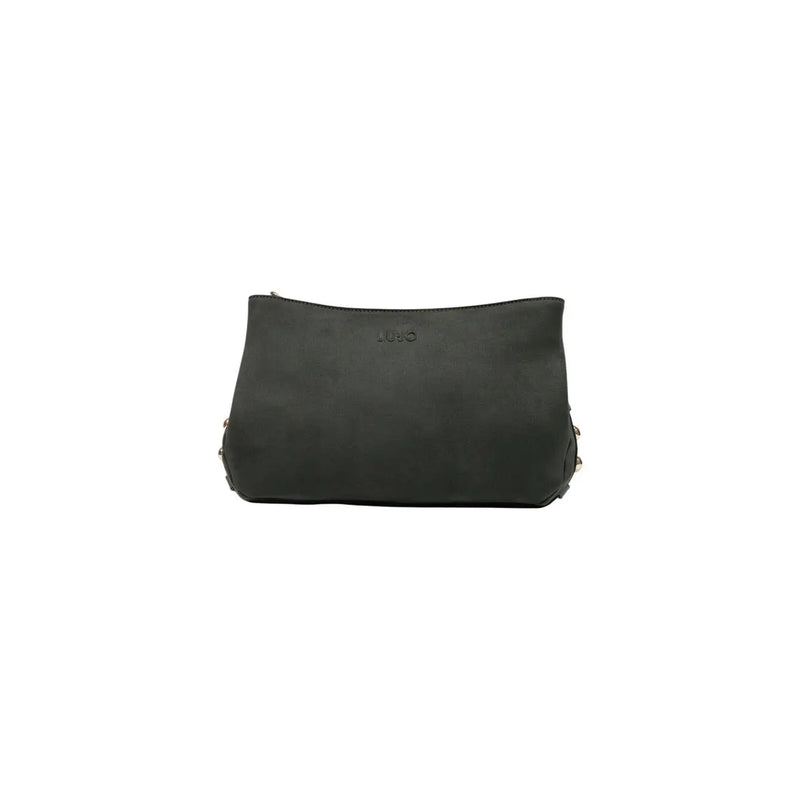 Schwarze Lederclutch mit silberfarbenen Beschlägen und braunem Polyesterfutter, kleine Liu Jo Handtasche, 30 cm breit