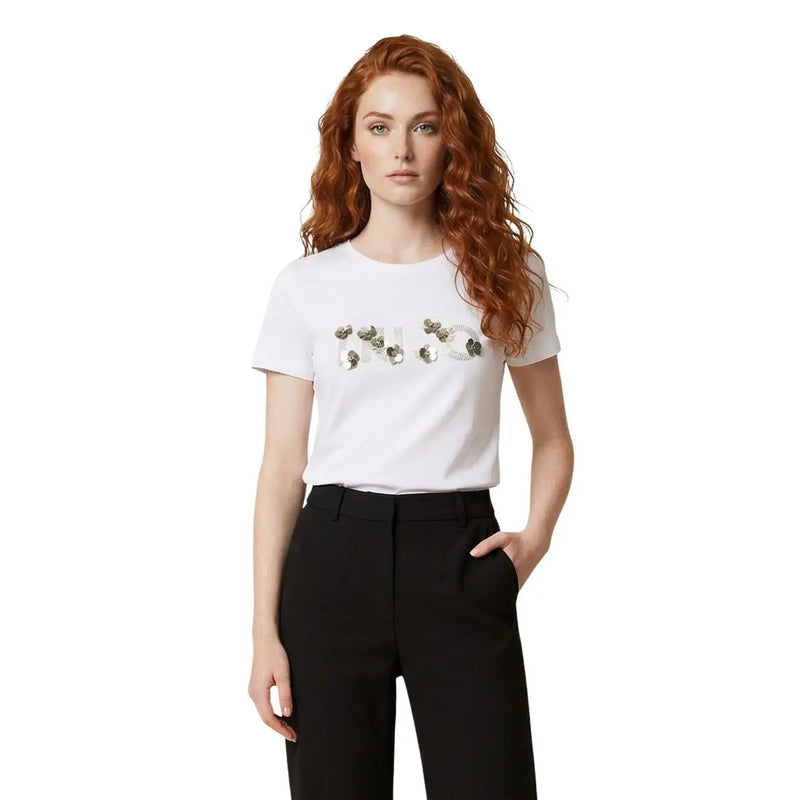 Liu Jo Weißes, kurzärmeliges Baumwoll-T-Shirt für Damen mit silbernen Strasssteinen, ohne weitere Details auf Brust und Rundhalsausschnitt