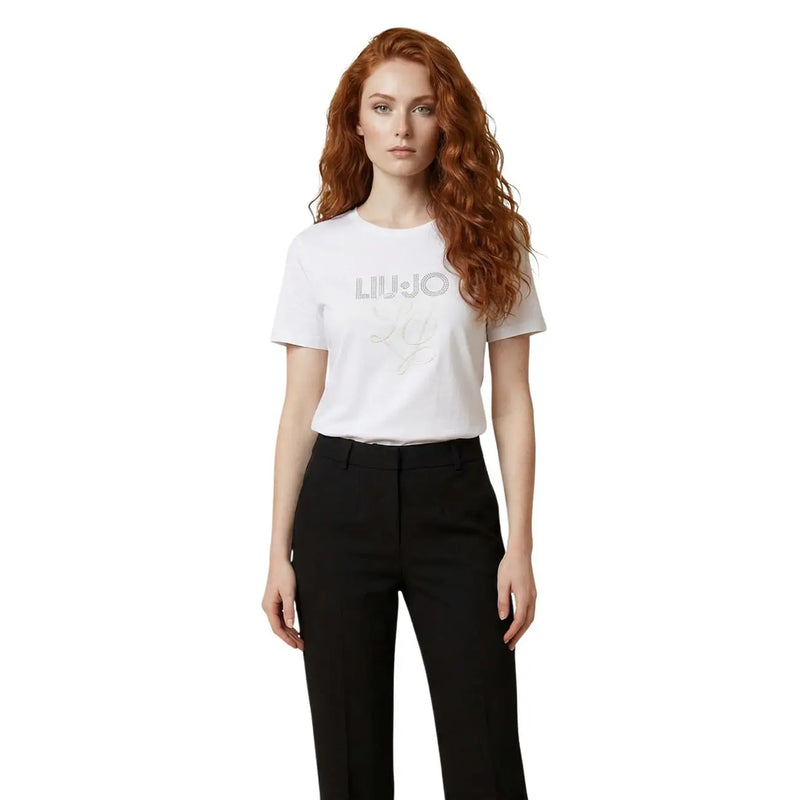 Liu Jo Weißes, kurzärmeliges Baumwoll-T-Shirt für Damen mit dezentem silbernen Strasslogo auf der Brust