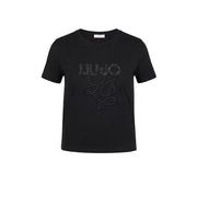 Schwarzes Kurzarmhemd Liu Jo Damen-T-Shirt aus Baumwolle mit glitzerndem Lilyjo-Logo und gesticktem Monogramm-Design