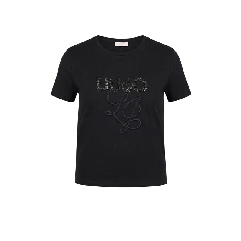 Schwarzes Kurzarmhemd Liu Jo Damen-T-Shirt aus Baumwolle mit glitzerndem Lilyjo-Logo und gesticktem Monogramm-Design