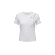 Liu Jo Weißes Damen-T-Shirt aus Baumwolle mit Strasssteinen, Rundhalsausschnitt, kurzen Ärmeln und silbernem, glitzerndem Blumenmuster auf der rechten Seite