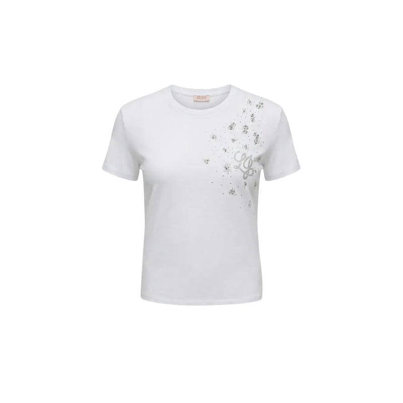 Liu Jo Weißes Damen-T-Shirt aus Baumwolle mit Strasssteinen, Rundhalsausschnitt, kurzen Ärmeln und silbernem, glitzerndem Blumenmuster auf der rechten Seite