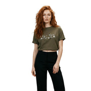 Olivgrünes, kurzes Baumwoll-T-Shirt mit dekorativem Pailletten-Blumenmuster auf der Brust von Liu Jo Women