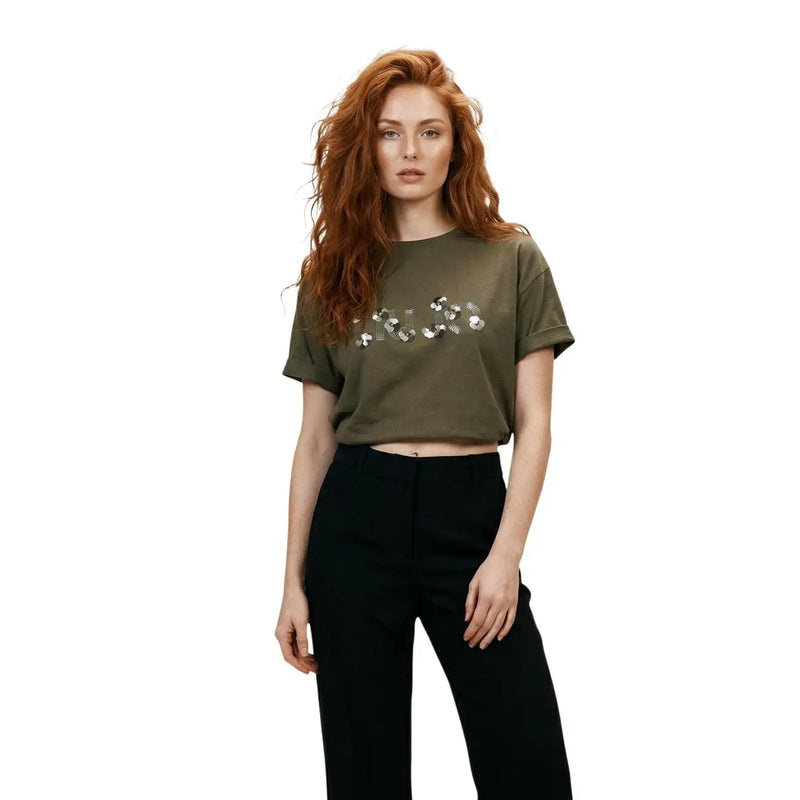 Olivgrünes, kurzes Baumwoll-T-Shirt mit dekorativem Pailletten-Blumenmuster auf der Brust von Liu Jo Women