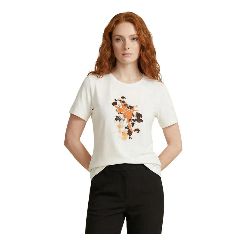 Liu Jo Beigefarbenes Kurzarm-T-Shirt aus Baumwolle für Damen mit Rundhalsausschnitt und einem auffälligen, abstrakten Vogelmuster in Orange und Schwarz.