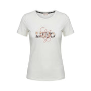 Liu Jo Beigefarbenes Damen-T-Shirt aus Baumwolle mit kurzen Ärmeln und Rundhalsausschnitt, verziert mit dem dekorativen Luo-Logo und floralen Metallic-Applikationen