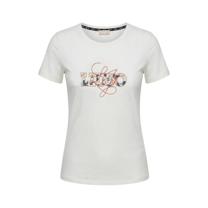 Liu Jo Beigefarbenes Damen-T-Shirt aus Baumwolle mit kurzen Ärmeln und Rundhalsausschnitt, verziert mit dem dekorativen Luo-Logo und floralen Metallic-Applikationen