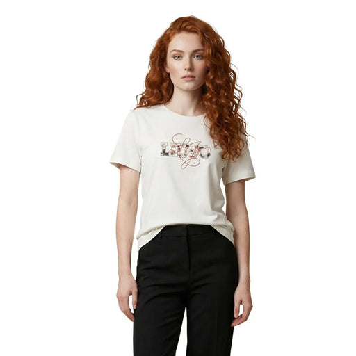 Liu Jo Damen-Baumwoll-T-Shirt mit kurzen Ärmeln und Rundhalsausschnitt, beige mit cremefarbenem, stilisiertem Kenzo-Logo in Rot und Schwarz, gestickt