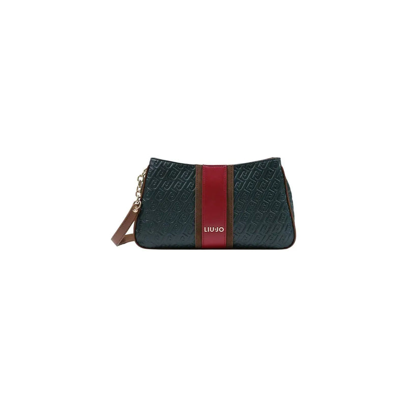 Grüne Damen-Schultertasche von Liu Jo aus dunkelgrünem, geprägtem Polyurethan mit markantem rotem Streifen und goldfarbenen Beschlägen.