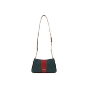 Grüne Damen-Schultertasche von Liu Jo aus dunkelgrünem, geprägtem Polyurethan mit markantem rotem Streifen und goldfarbenen Beschlägen.
