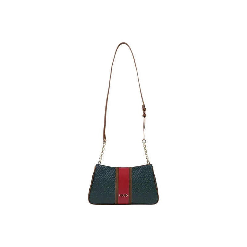 Grüne Damen-Schultertasche von Liu Jo aus dunkelgrünem, geprägtem Polyurethan mit markantem rotem Streifen und goldfarbenen Beschlägen.