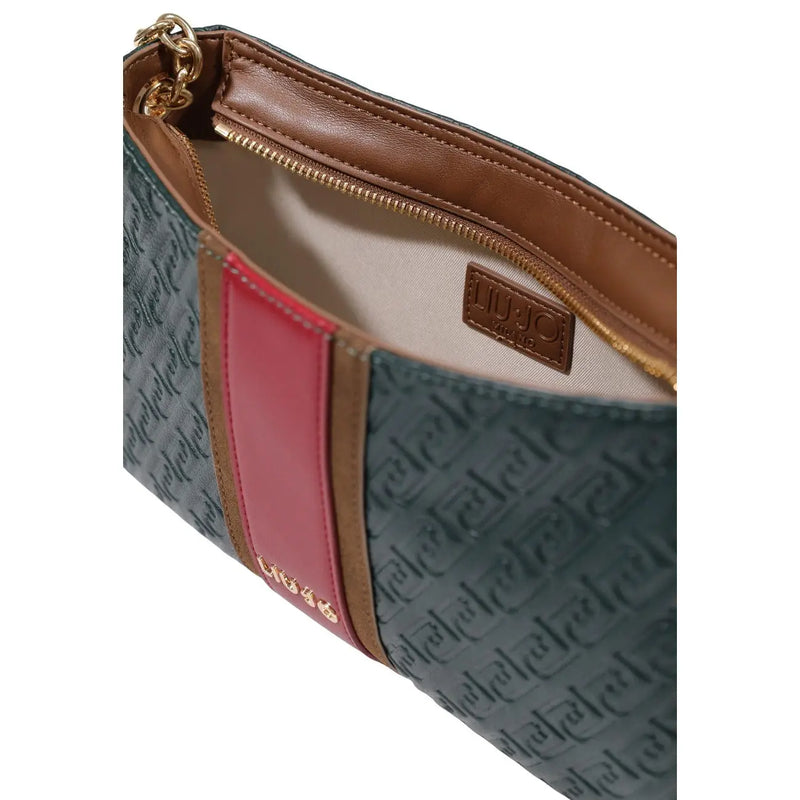 Eine elegante, maßgeschneiderte Handtasche von Juicy Couture mit grauem, geprägtem Stoff und rotbraunen Lederapplikationen in Liu Jo Green, Schultertasche, 30 cm breit.