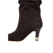 Dunkelbraune Wildleder-Ankle-Boots mit spitz zulaufendem Absatz und goldfarbener Metallkappe von Liu Jo Damen-Lederstiefel braun Blake Herbst-Winter-Kollektion