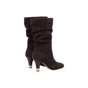 Liu Jo Damen-Lederstiefel braun Blake Herbst/Winter mit dunkelbraunen Wildleder-Ankle-Boots mit ausgestelltem, gerafftem Schaft und metallischen Absatzkappen