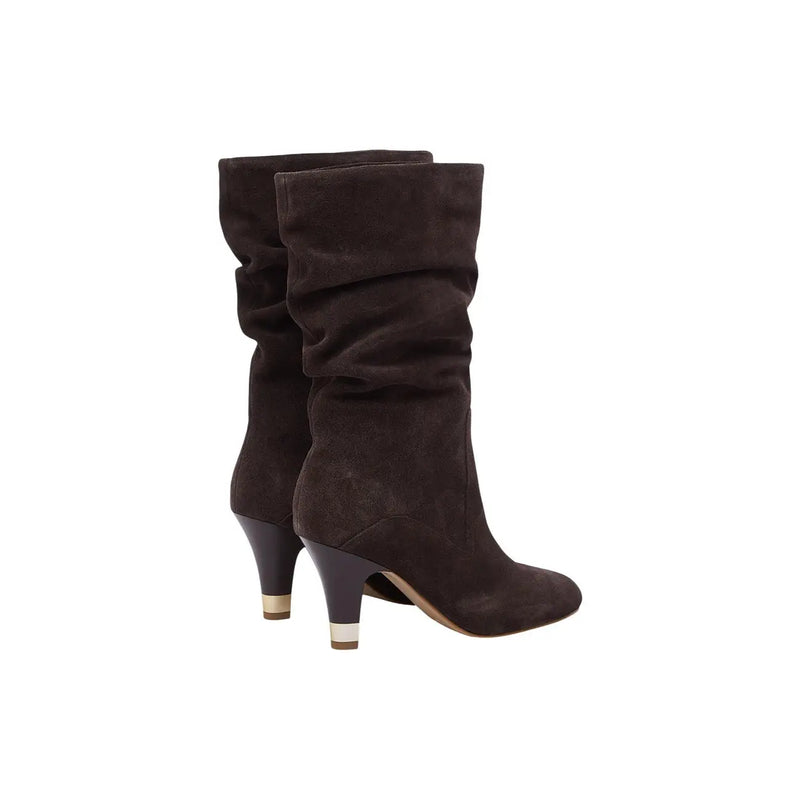Liu Jo Damen-Lederstiefel braun Blake Herbst/Winter mit dunkelbraunen Wildleder-Ankle-Boots mit ausgestelltem, gerafftem Schaft und metallischen Absatzkappen