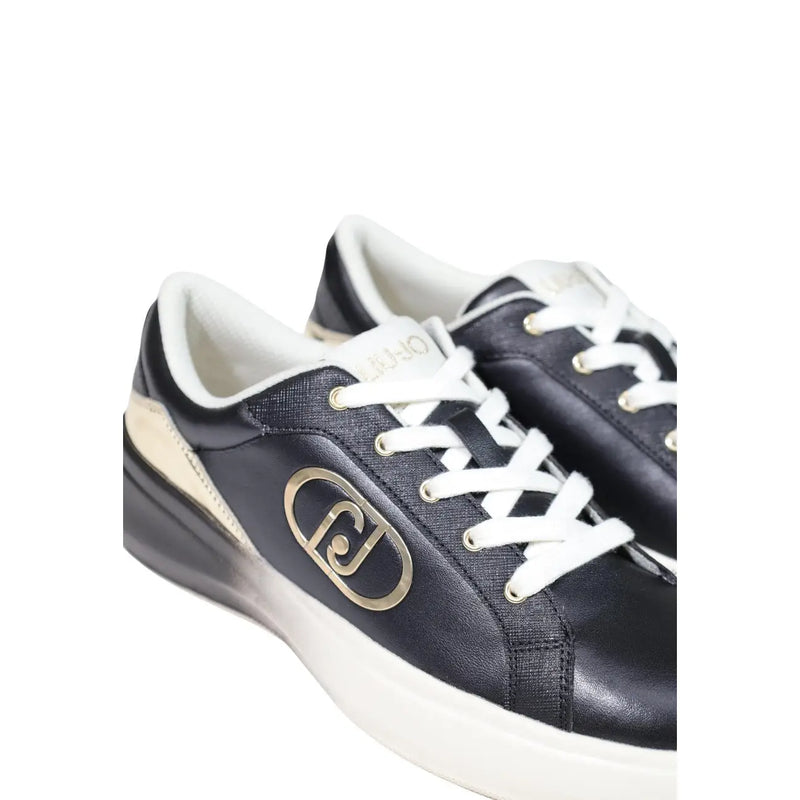 Schwarze Leder-Sneaker zum Hineinschlüpfen für Damen von Liu Jo mit weißen Schnürsenkeln und einem goldfarbenen Logo an der Seite