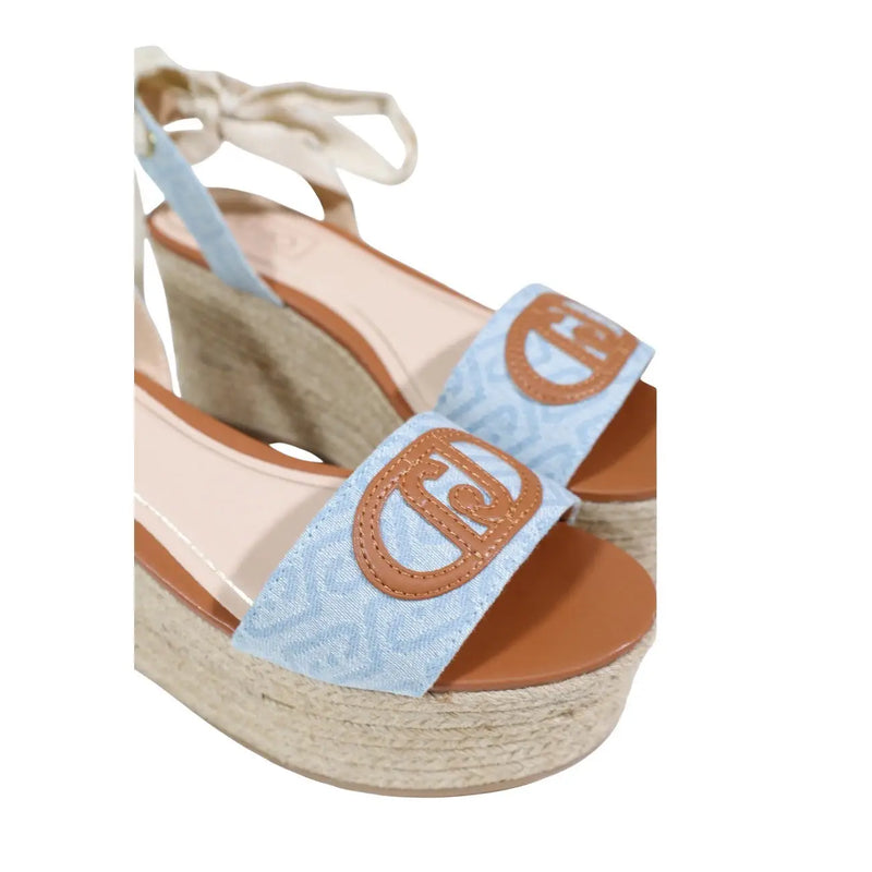 Liu Jo Damen-Sandalen, hellblau, aus gewebtem Polyester mit hellbraunem Lederlogo und geflochtenem Espadrille-Keilabsatz