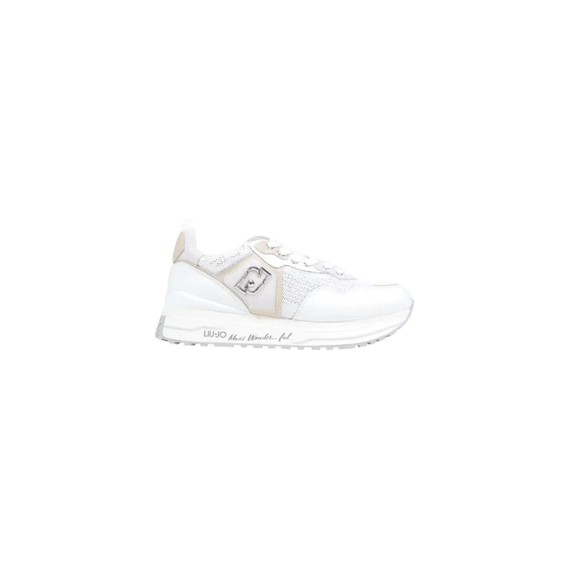 Liu Jo Damen-Sneaker in Weiß und Beige mit Mesh-Obermaterial, glänzenden Synthetik-Overlays und silbernem Logo – Freizeitschuhe