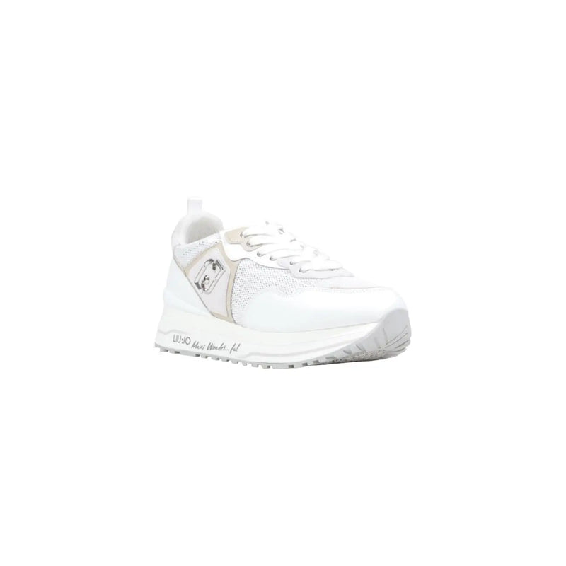 Weiße Damen-Sneaker von Liu Jo mit Obermaterial aus Mesh und Kunstleder sowie silbernem Logo-Patch an der Seite.