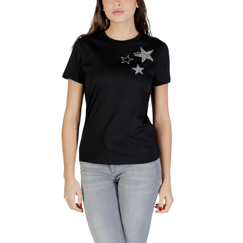 Liu Jo Schwarzes Damen-T-Shirt mit kurzen Ärmeln und drei glitzernden Sternapplikationen aus 100 % Baumwolle